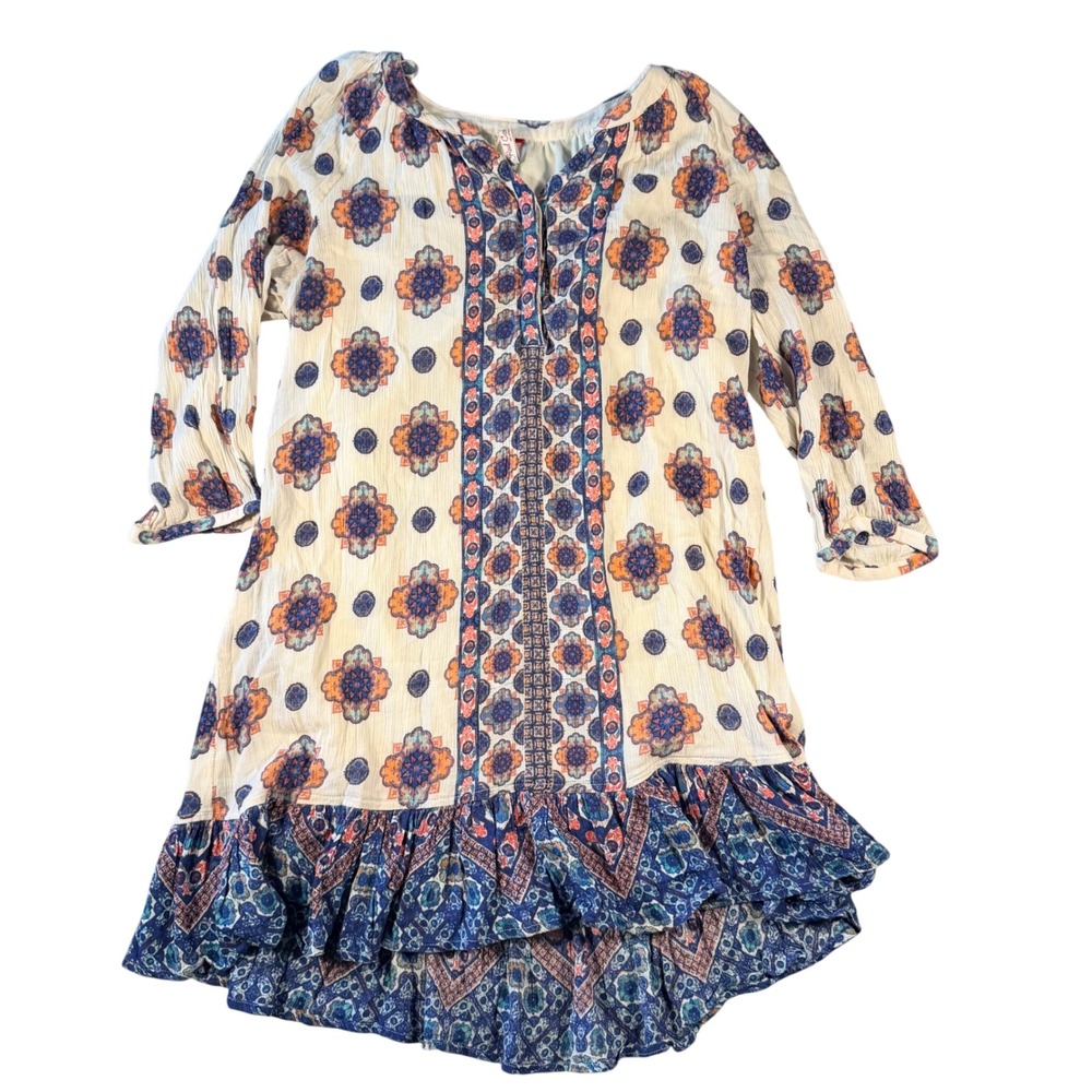 Red Camel Boho Medallion Print Ruffle High Low Dress Cream Blue Orange Large